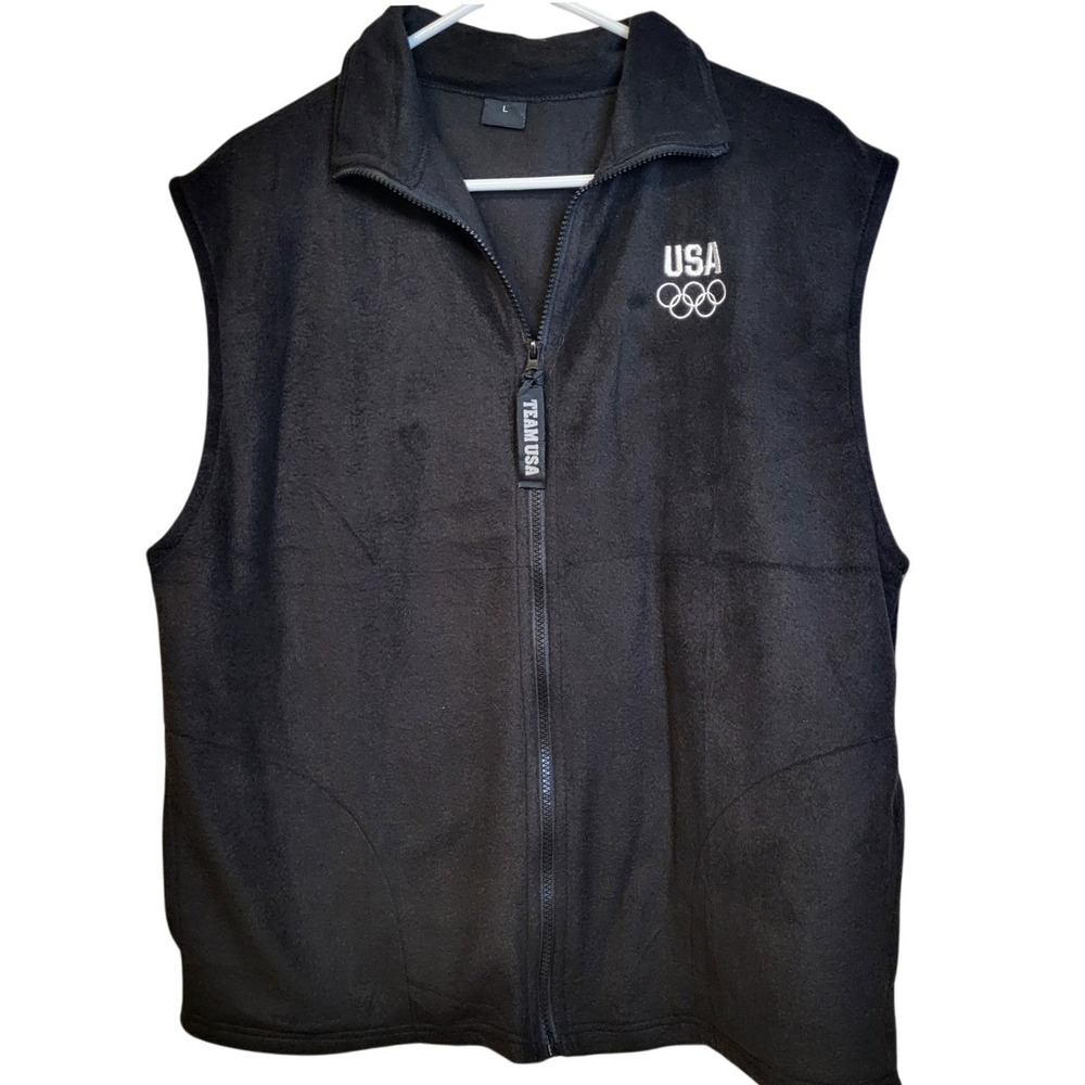 Team USA Olympics Fleece Vest Mens LG Black Full Zip Embroidered Logo Sleeveless